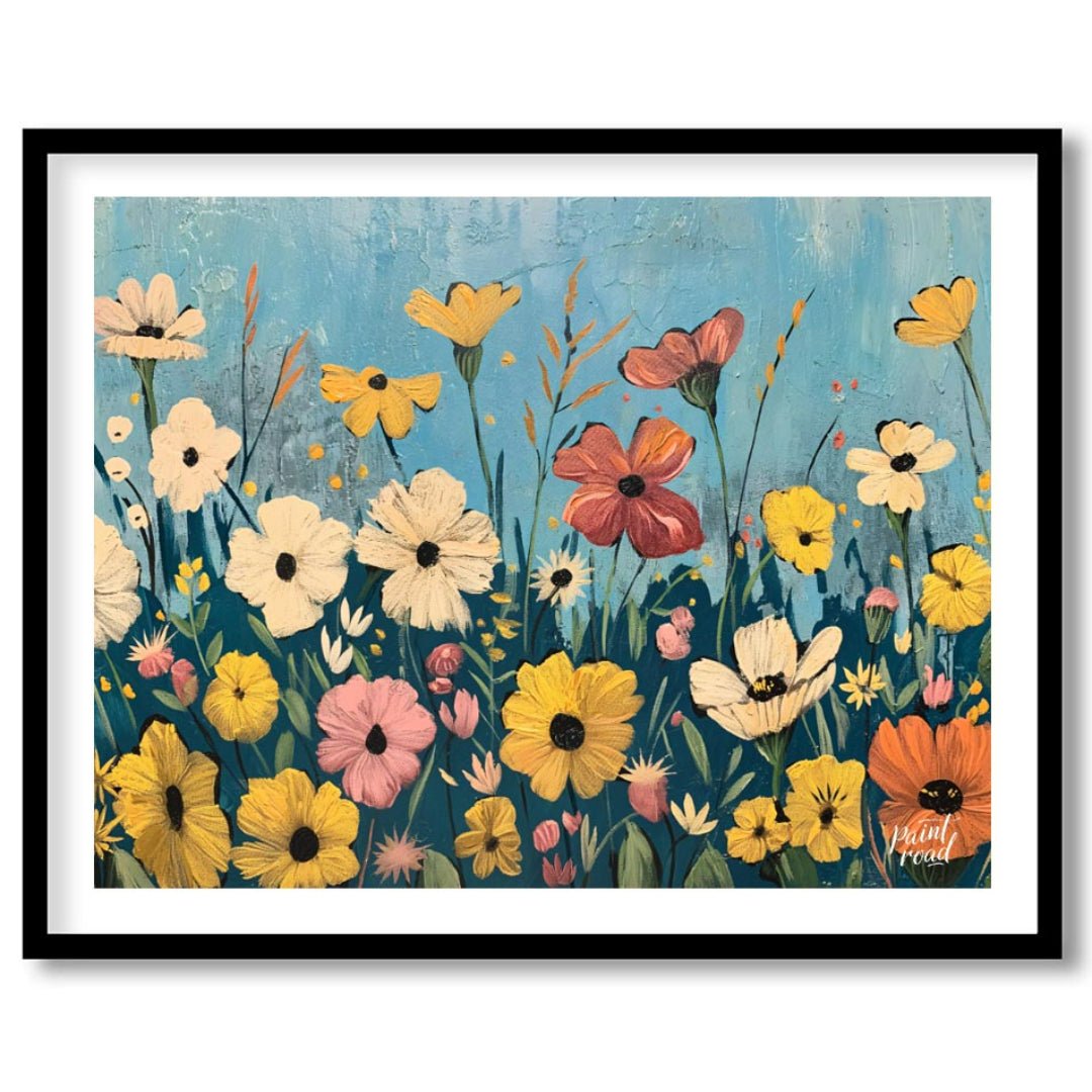 This vibrant digital painting captures a whimsical meadow filled with an array of colorful flowers … for home
