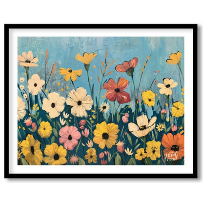 This vibrant digital painting captures a whimsical meadow filled with an array of colorful flowers … for home