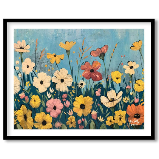 This vibrant digital painting captures a whimsical meadow filled with an array of colorful flowers … for home