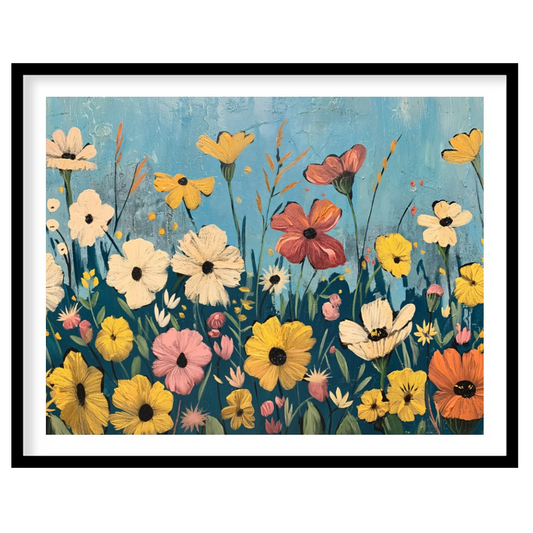This vibrant digital painting captures a whimsical meadow filled with an array of colorful flowers … for home
