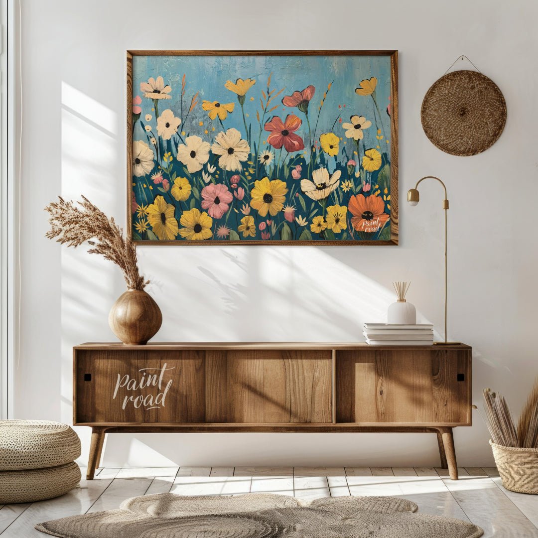 This vibrant digital painting captures a whimsical meadow filled with an array of colorful flowers … for living room