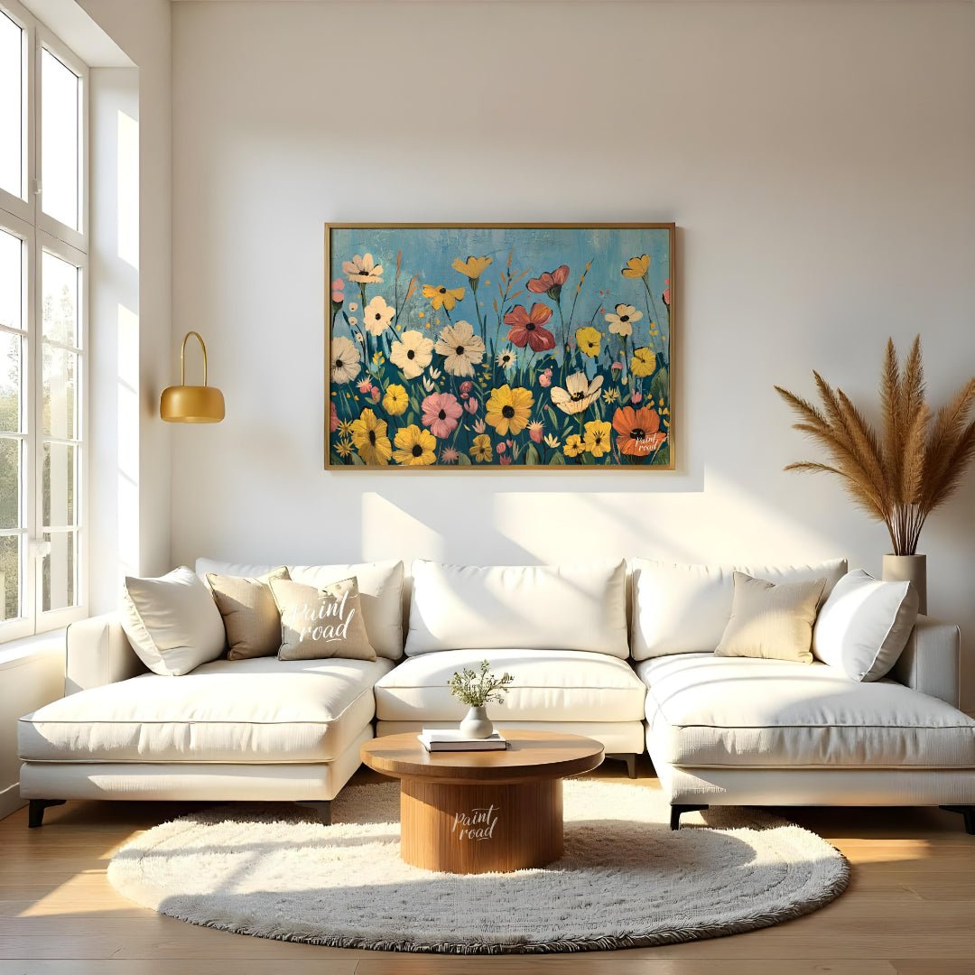 This vibrant digital painting captures a whimsical meadow filled with an array of colorful flowers … for living room