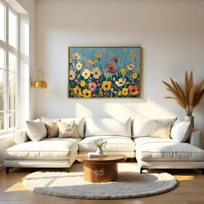 This vibrant digital painting captures a whimsical meadow filled with an array of colorful flowers … for living room