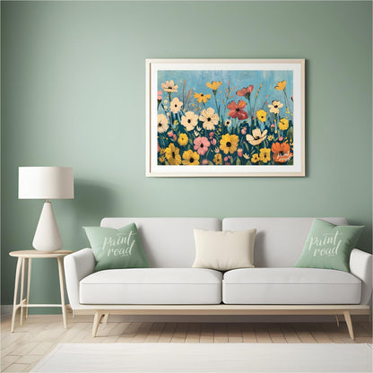 This vibrant digital painting captures a whimsical meadow filled with an array of colorful flowers … for living room