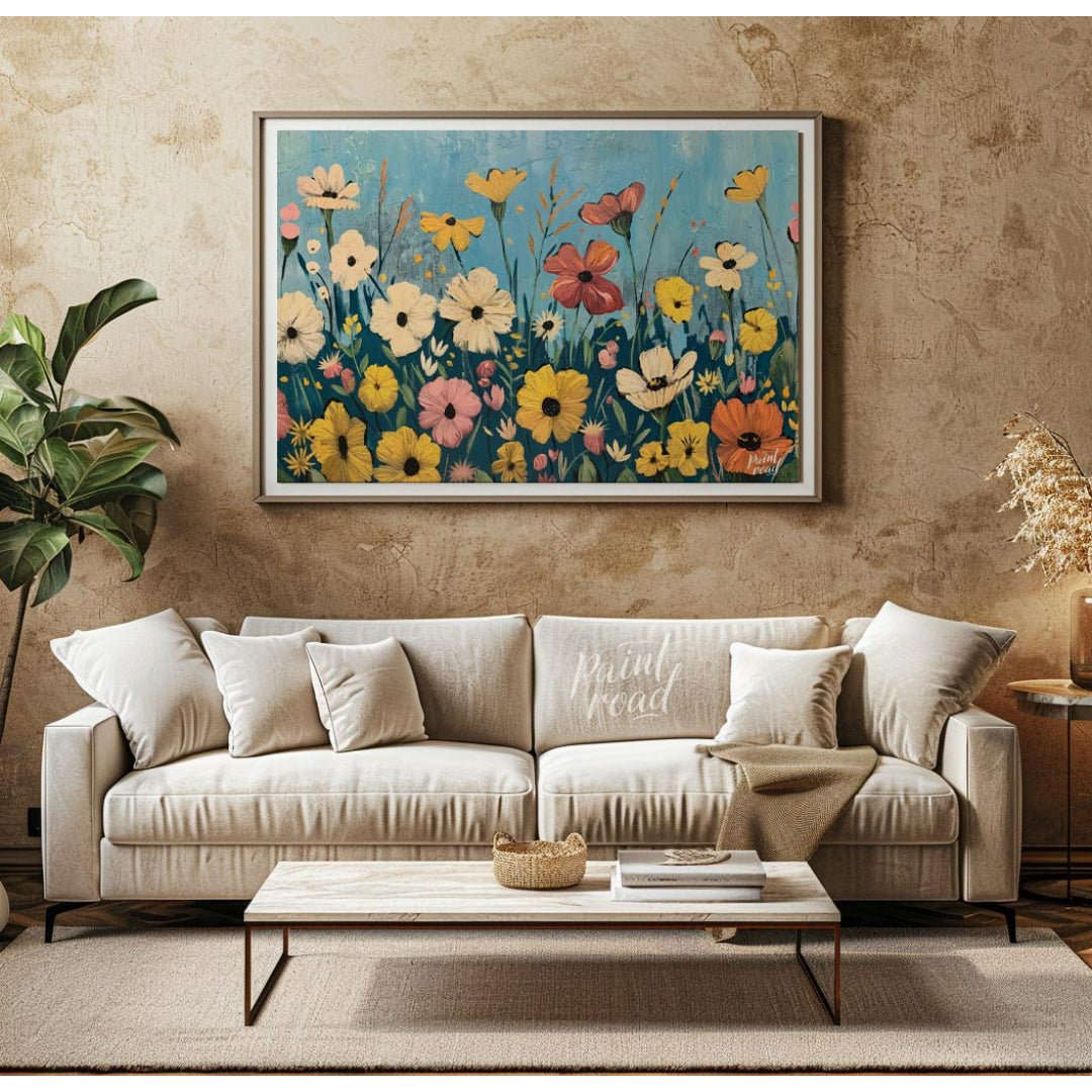 This vibrant digital painting captures a whimsical meadow filled with an array of colorful flowers … for living room