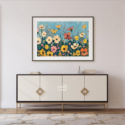 This vibrant digital painting captures a whimsical meadow filled with an array of colorful flowers … for living room