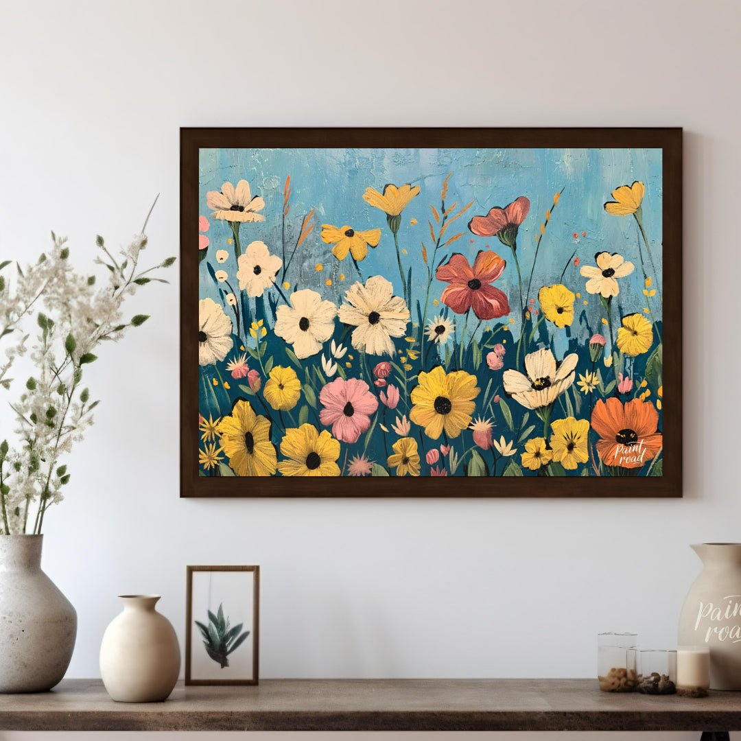 This vibrant digital painting captures a whimsical meadow filled with an array of colorful flowers … for other