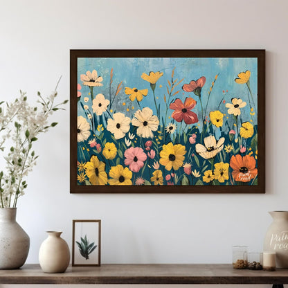This vibrant digital painting captures a whimsical meadow filled with an array of colorful flowers … for other
