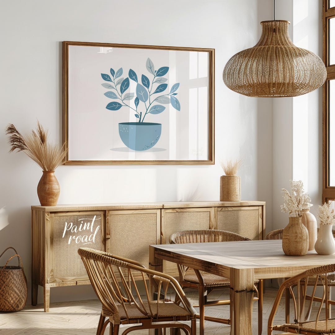 This serene digital illustration features a stylized plant in a rounded, light blue pot against a c… for dining room