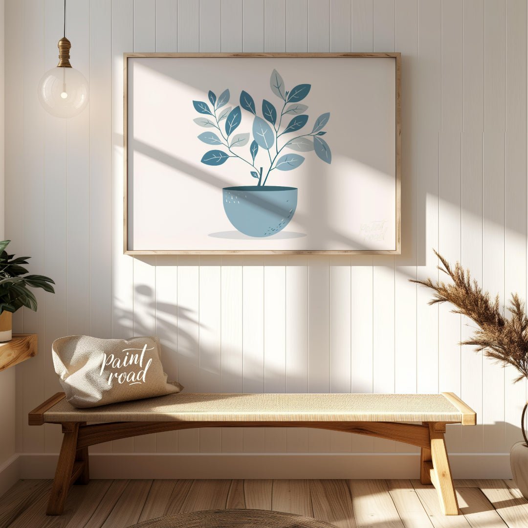 This serene digital illustration features a stylized plant in a rounded, light blue pot against a c… for entryway