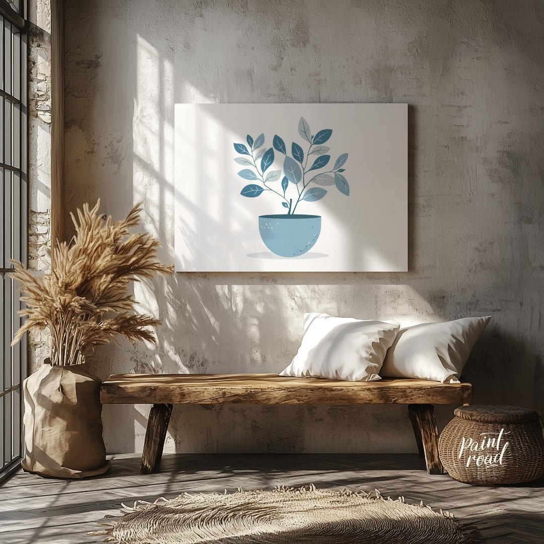 This serene digital illustration features a stylized plant in a rounded, light blue pot against a c… for entryway
