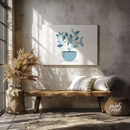 This serene digital illustration features a stylized plant in a rounded, light blue pot against a c… for entryway