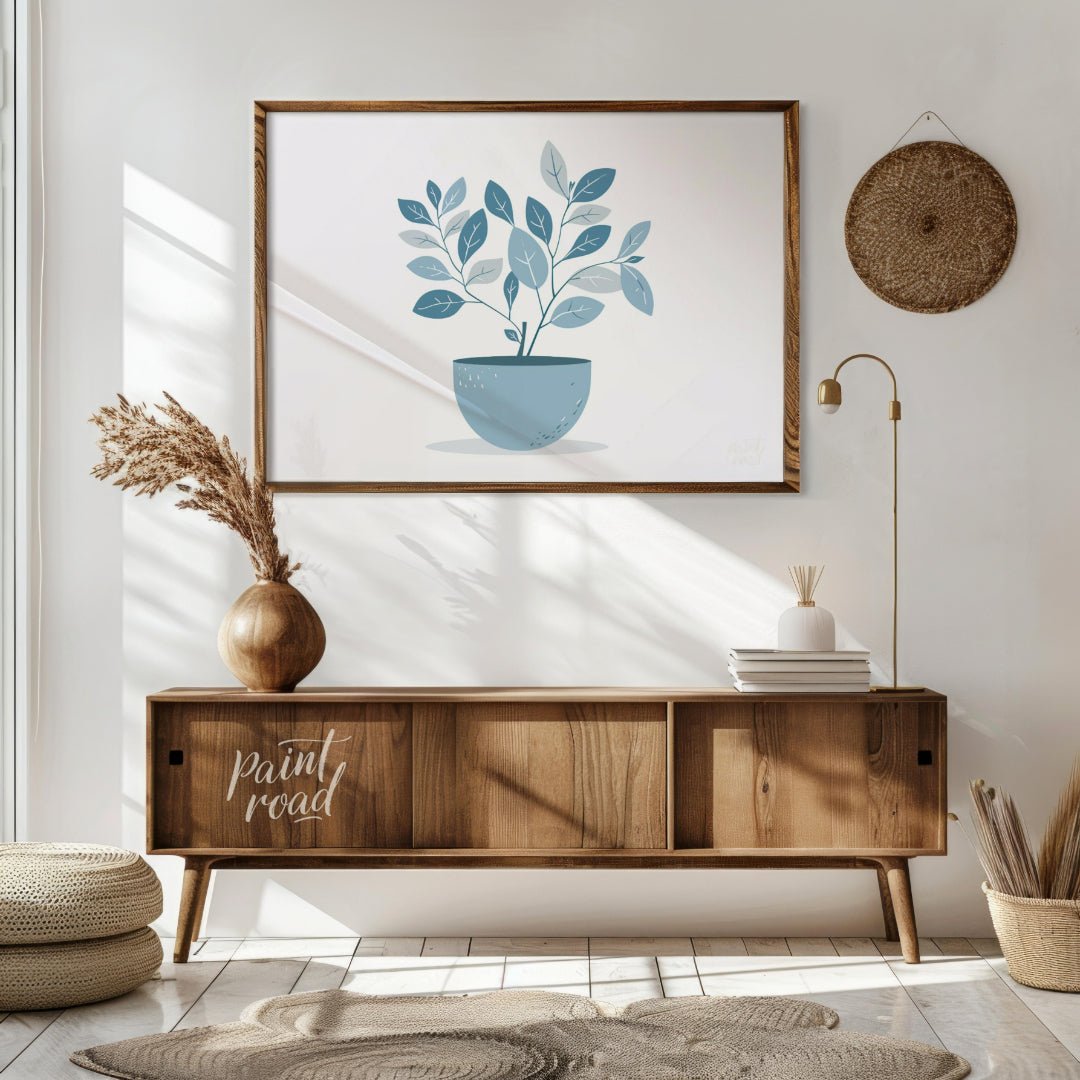 This serene digital illustration features a stylized plant in a rounded, light blue pot against a c… for living room