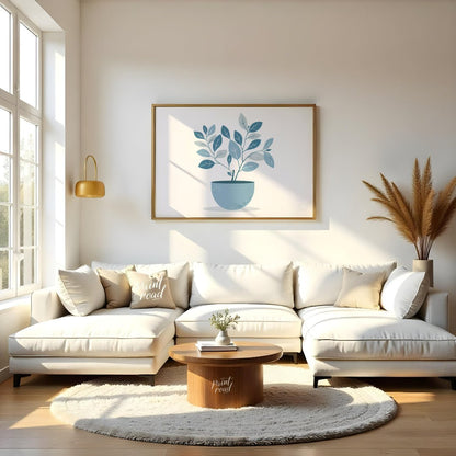 This serene digital illustration features a stylized plant in a rounded, light blue pot against a c… for living room