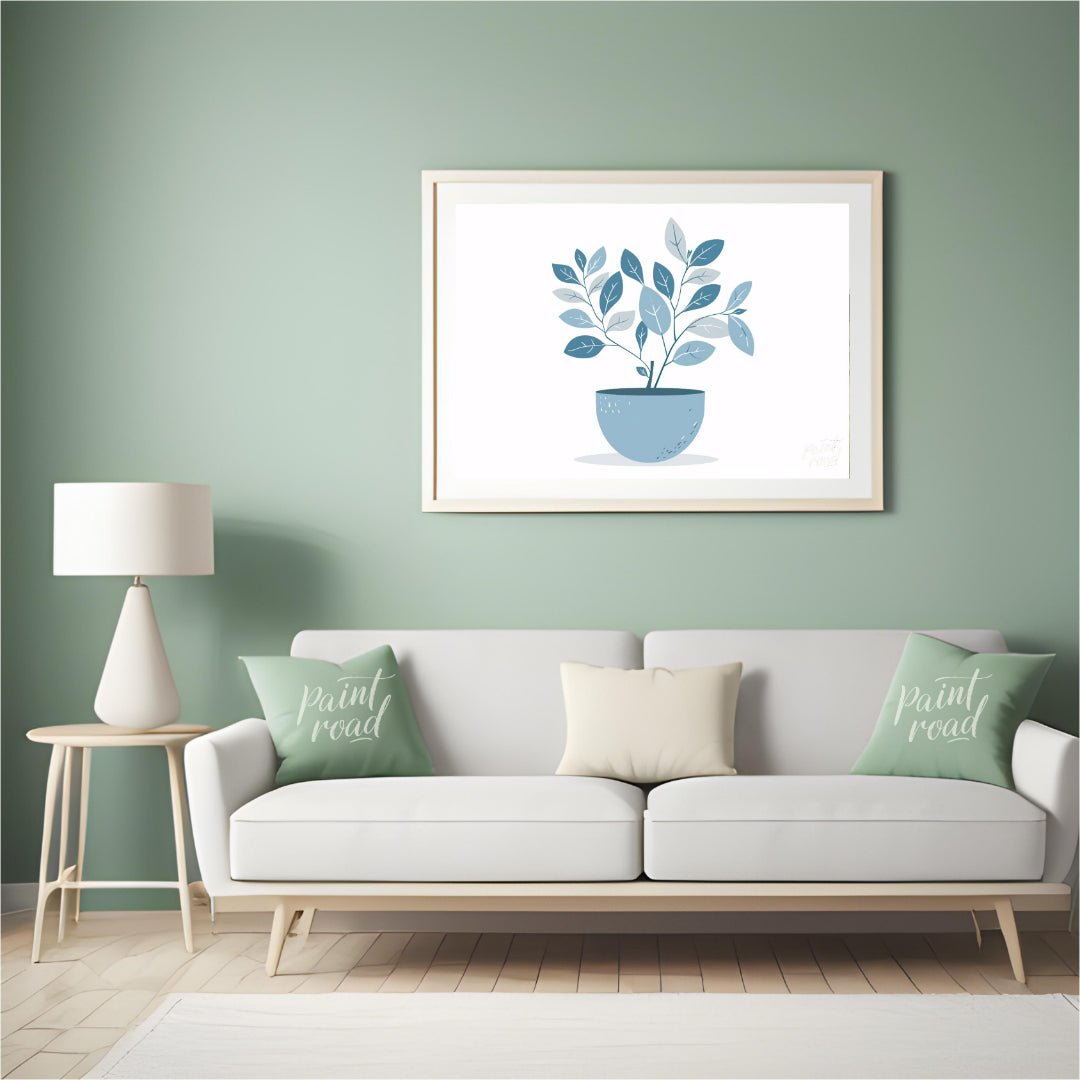 This serene digital illustration features a stylized plant in a rounded, light blue pot against a c… for living room