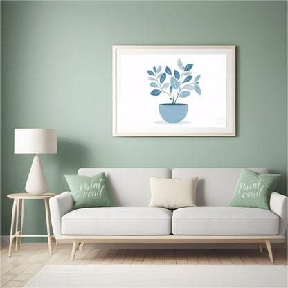 This serene digital illustration features a stylized plant in a rounded, light blue pot against a c… for living room