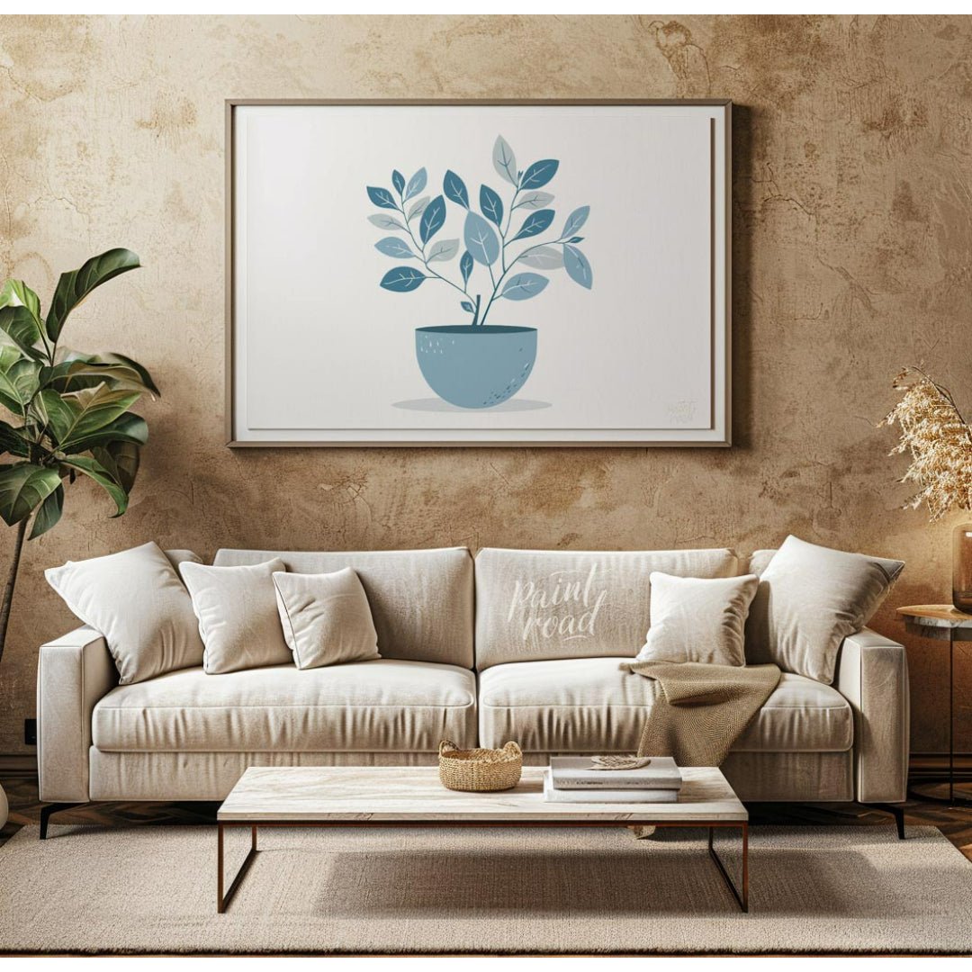 This serene digital illustration features a stylized plant in a rounded, light blue pot against a c… for living room