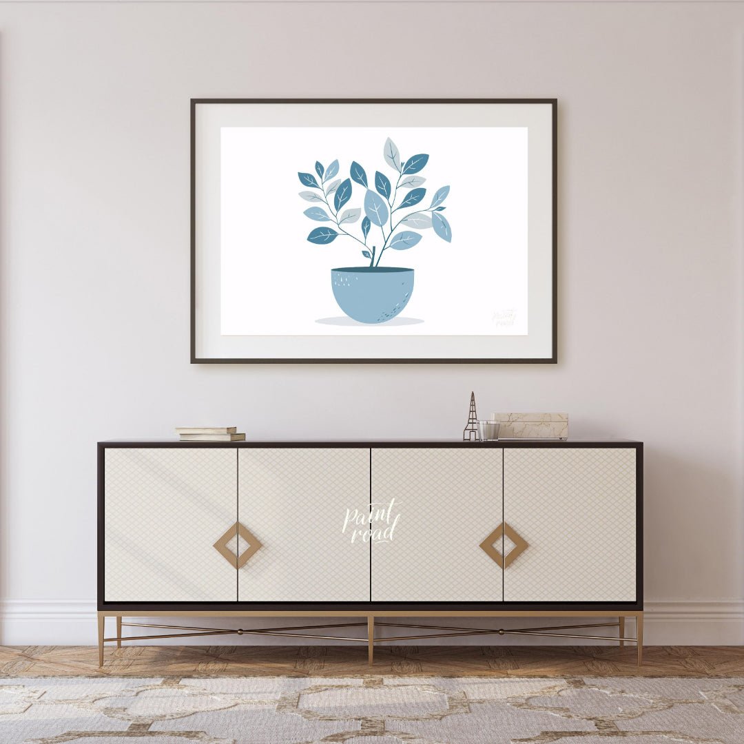 This serene digital illustration features a stylized plant in a rounded, light blue pot against a c… for living room