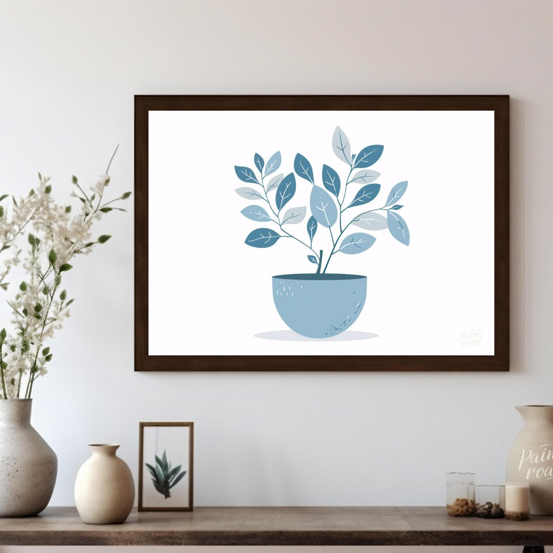 This serene digital illustration features a stylized plant in a rounded, light blue pot against a c… for living room