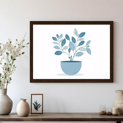 This serene digital illustration features a stylized plant in a rounded, light blue pot against a c… for living room