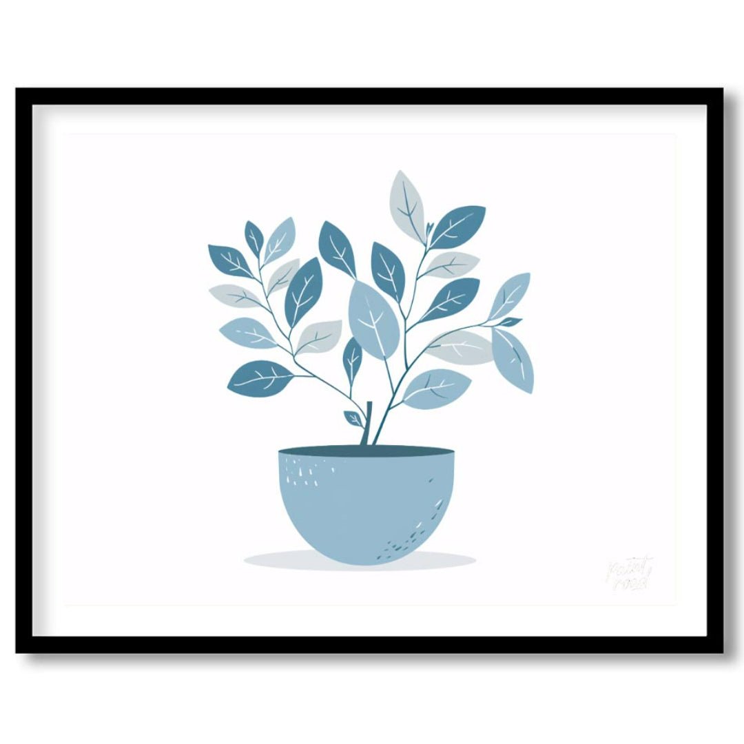 This serene digital illustration features a stylized plant in a rounded, light blue pot against a c… for room
