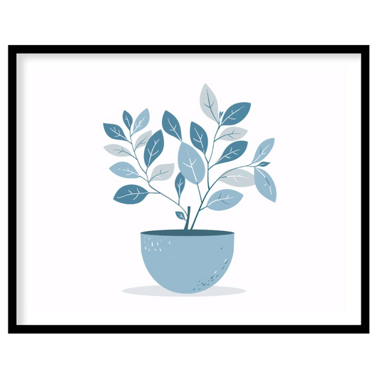 This serene digital illustration features a stylized plant in a rounded, light blue pot against a c… for room