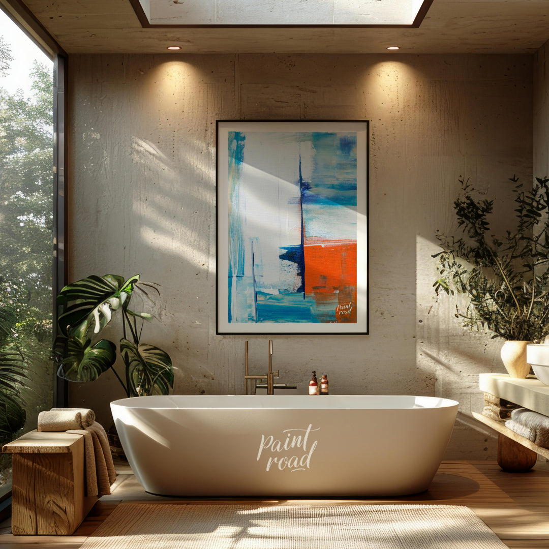 This abstract painting features a dynamic interplay of color and texture, evoking a sense of a dist… for bathroom