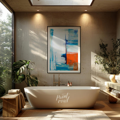 This abstract painting features a dynamic interplay of color and texture, evoking a sense of a dist… for bathroom
