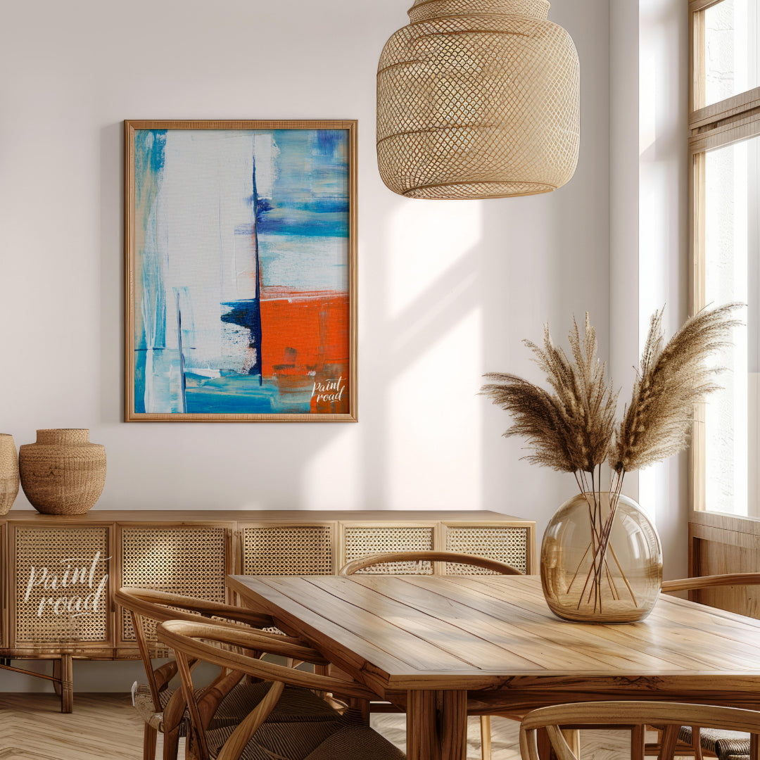 This abstract painting features a dynamic interplay of color and texture, evoking a sense of a dist… for dining room