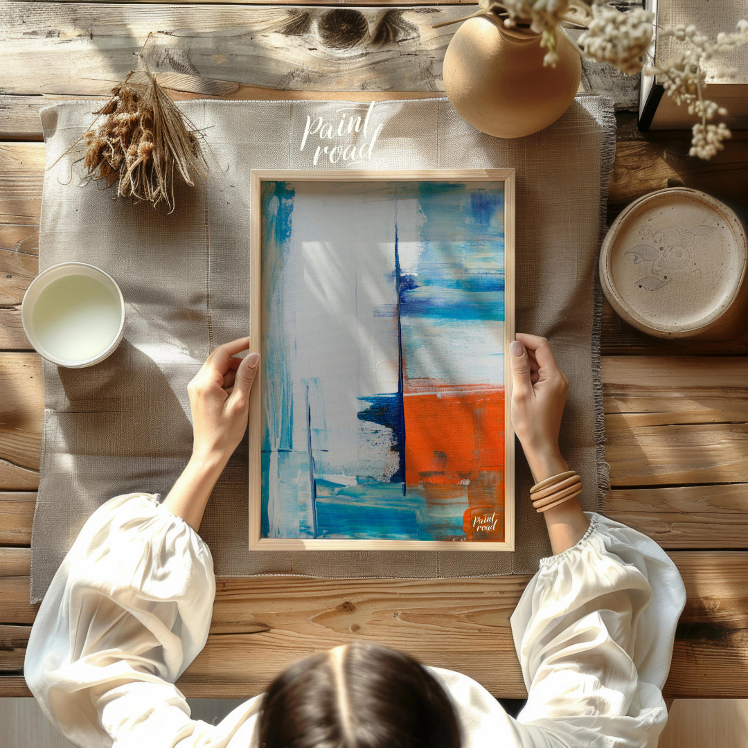 This abstract painting features a dynamic interplay of color and texture, evoking a sense of a dist… for dining room