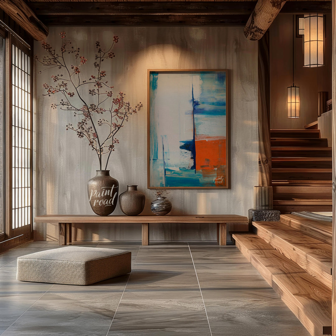 This abstract painting features a dynamic interplay of color and texture, evoking a sense of a dist… for entryway