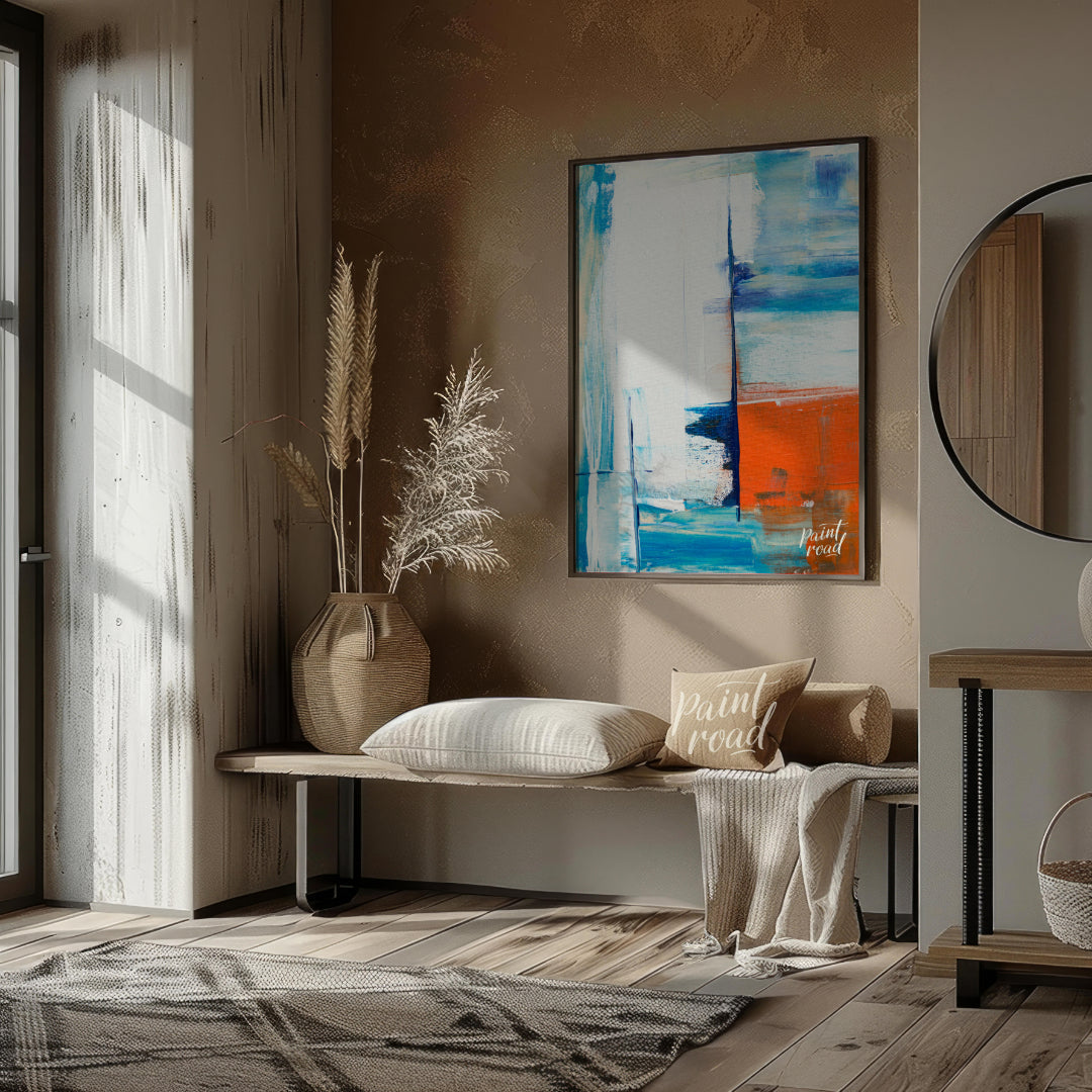 This abstract painting features a dynamic interplay of color and texture, evoking a sense of a dist… for entryway