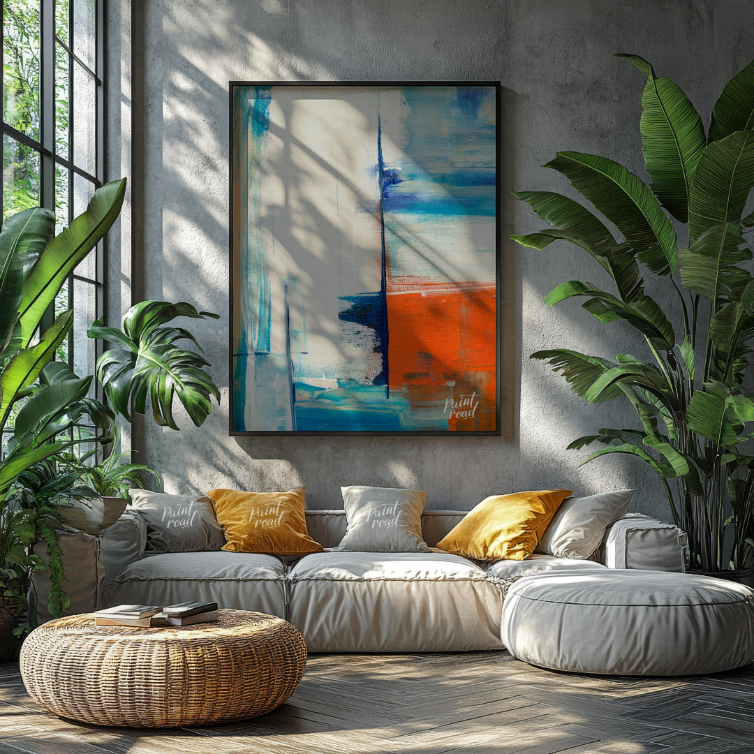 This abstract painting features a dynamic interplay of color and texture, evoking a sense of a dist… for living room