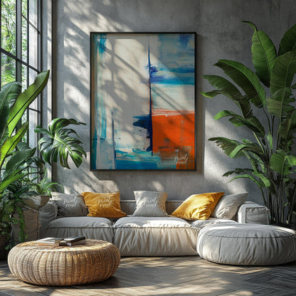 This abstract painting features a dynamic interplay of color and texture, evoking a sense of a dist… for living room