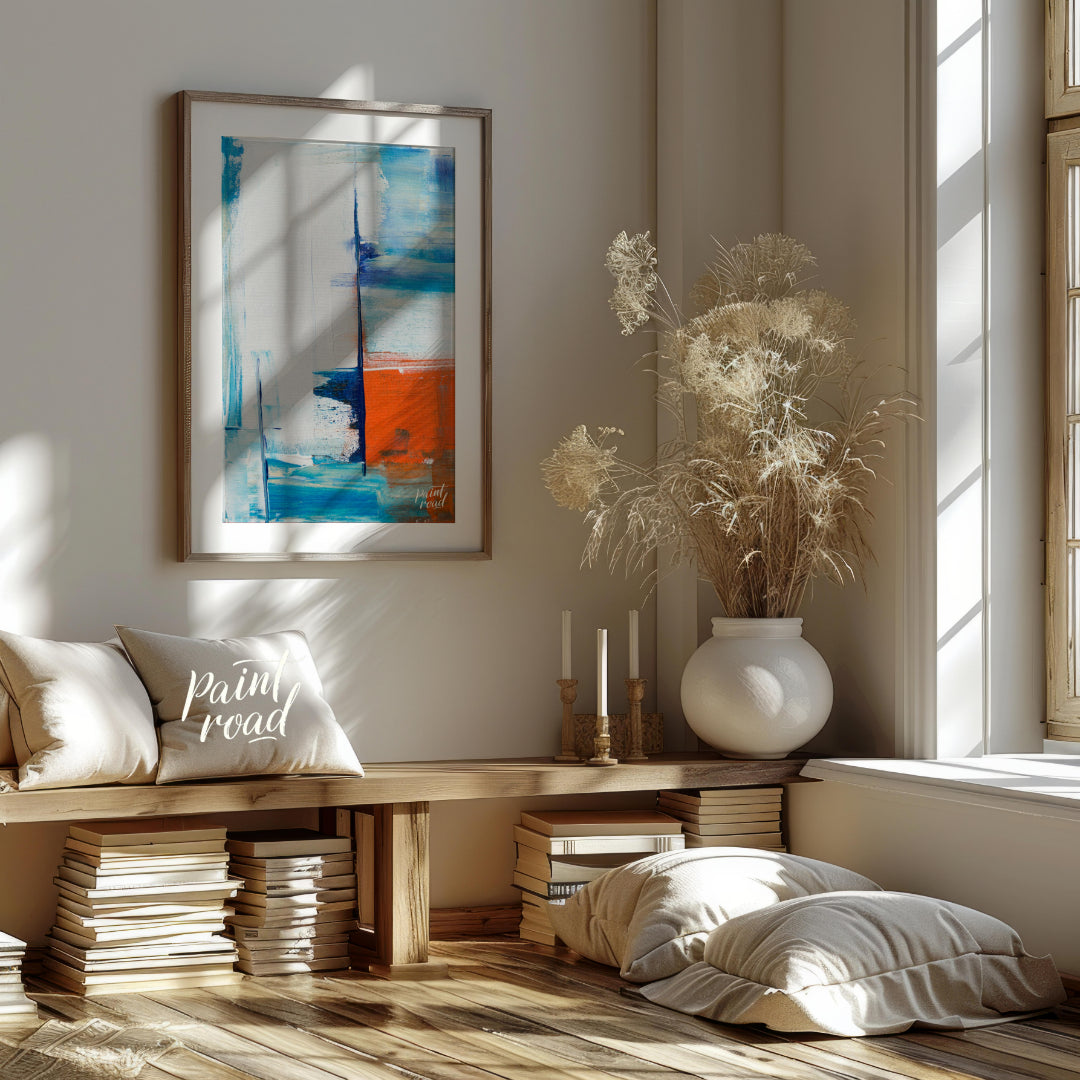 This abstract painting features a dynamic interplay of color and texture, evoking a sense of a dist… for living room