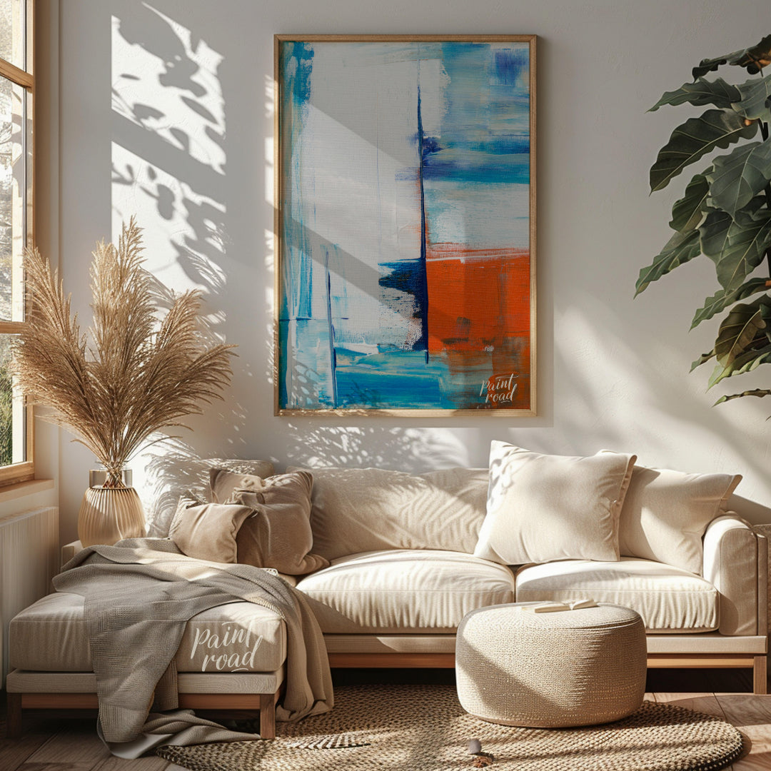 This abstract painting features a dynamic interplay of color and texture, evoking a sense of a dist… for living room