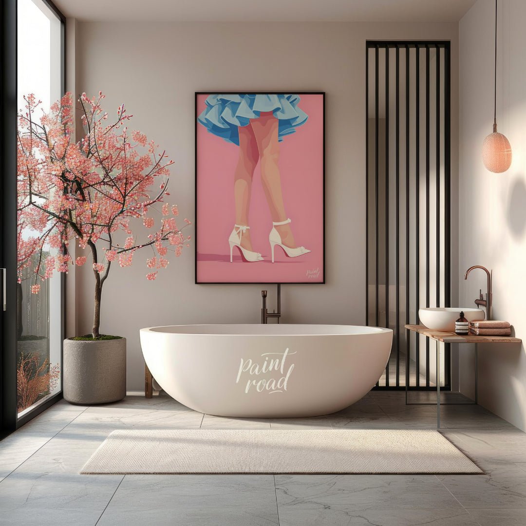 This stylized digital illustration features the lower portion of a figure, showcasing a vibrant azu… for bathroom