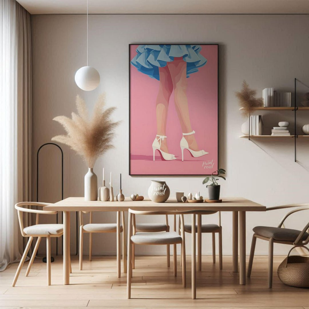 This stylized digital illustration features the lower portion of a figure, showcasing a vibrant azu… for dining room