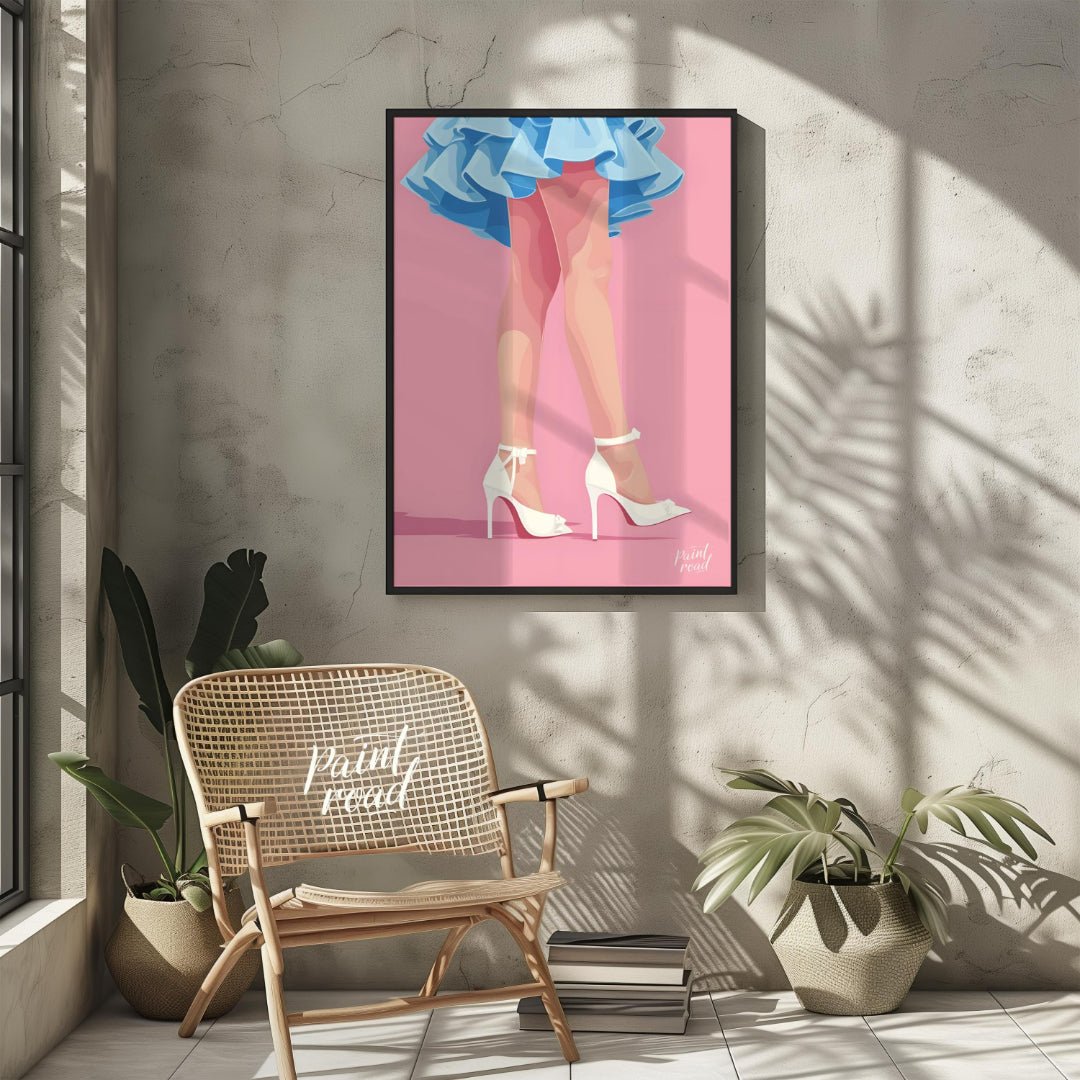 This stylized digital illustration features the lower portion of a figure, showcasing a vibrant azu… for living room