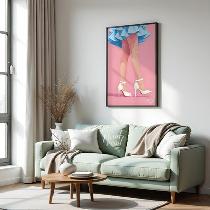 This stylized digital illustration features the lower portion of a figure, showcasing a vibrant azu… for living room