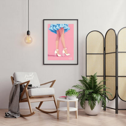 This stylized digital illustration features the lower portion of a figure, showcasing a vibrant azu… for living room