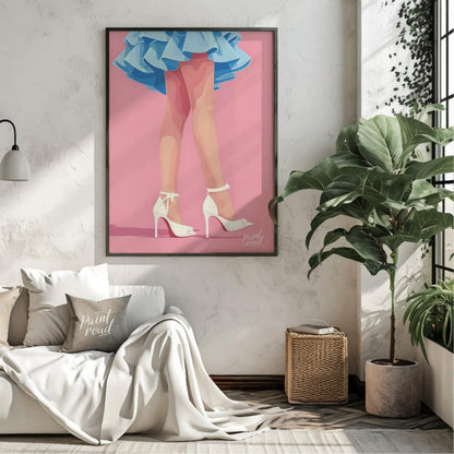 This stylized digital illustration features the lower portion of a figure, showcasing a vibrant azu… for living room