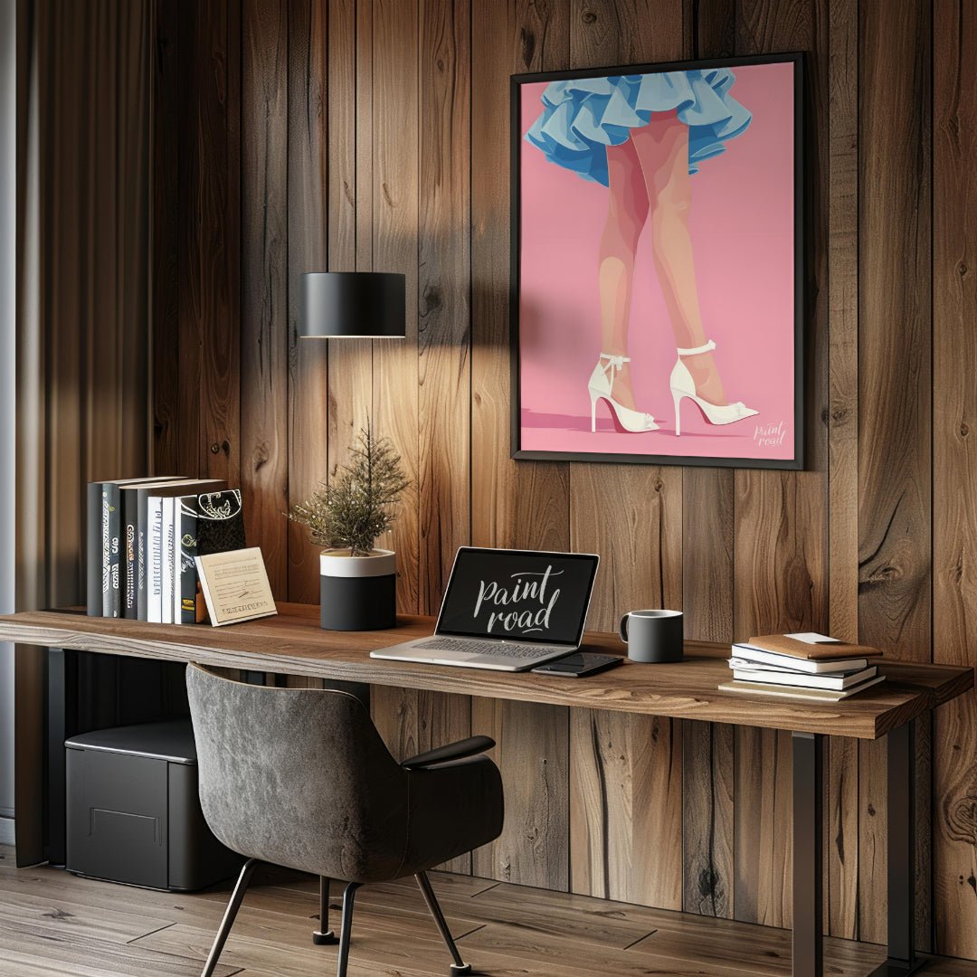 This stylized digital illustration features the lower portion of a figure, showcasing a vibrant azu… for office