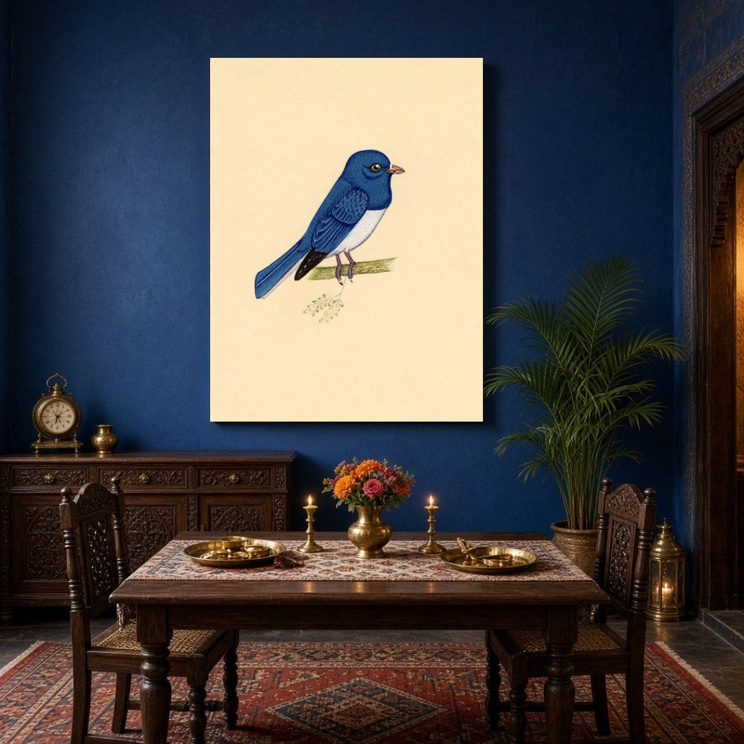 Capture the serene elegance of this Indian miniature art depicting a blue bird perched gracefully for Dining