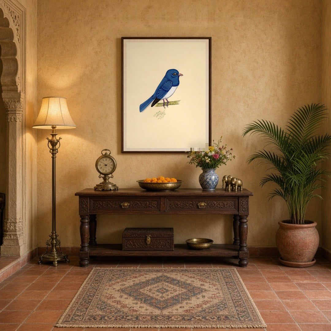 Capture the serene elegance of this Indian miniature art depicting a blue bird perched gracefully for Entrance