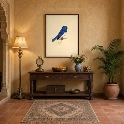 Capture the serene elegance of this Indian miniature art depicting a blue bird perched gracefully for Entrance