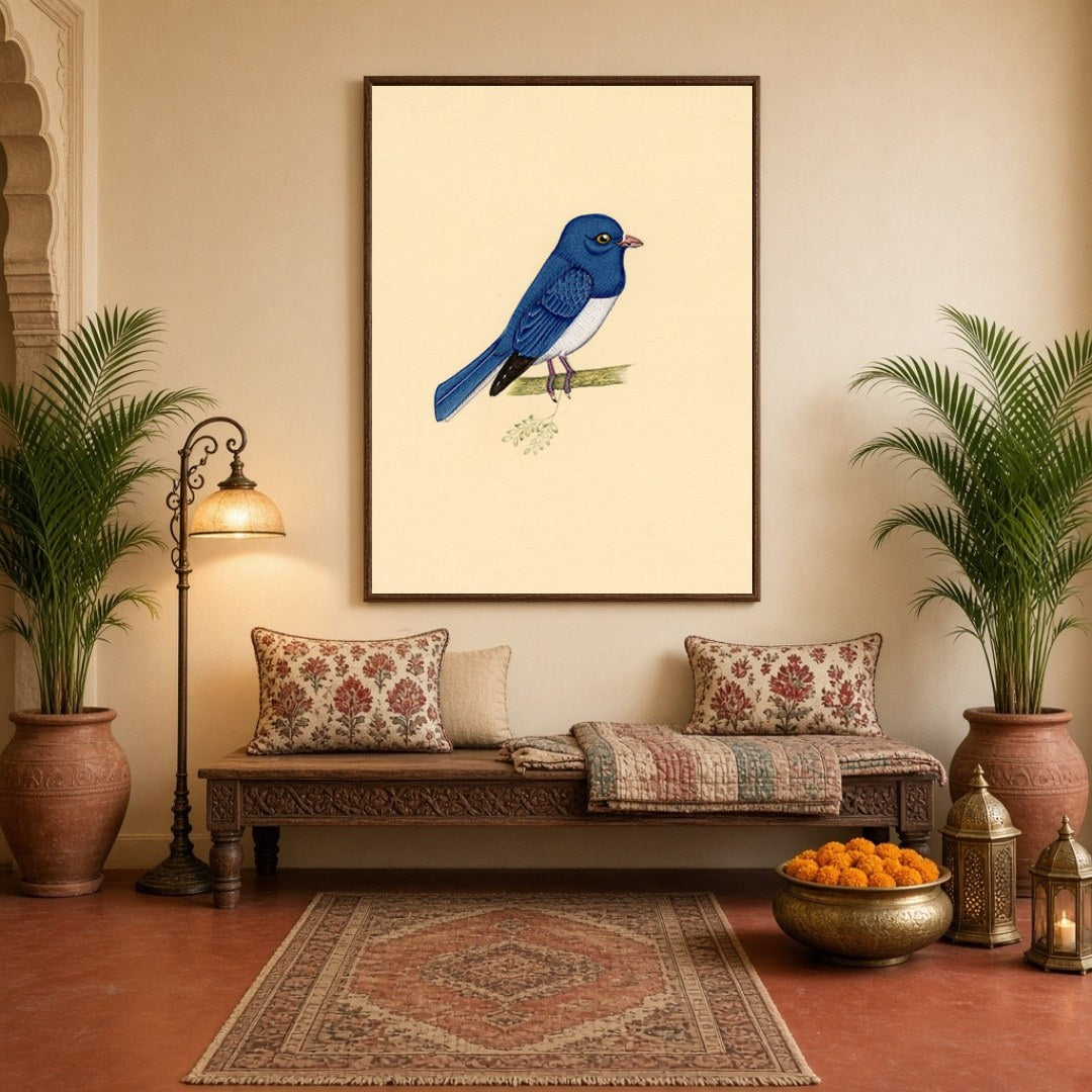Capture the serene elegance of this Indian miniature art depicting a blue bird perched gracefully for Hallway