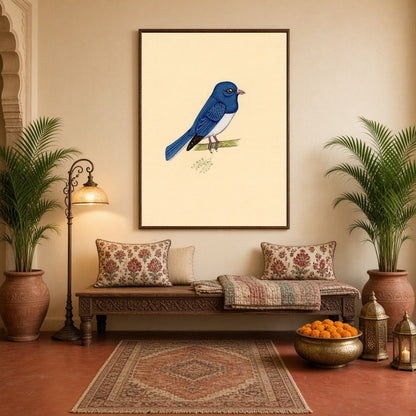 Capture the serene elegance of this Indian miniature art depicting a blue bird perched gracefully for Hallway