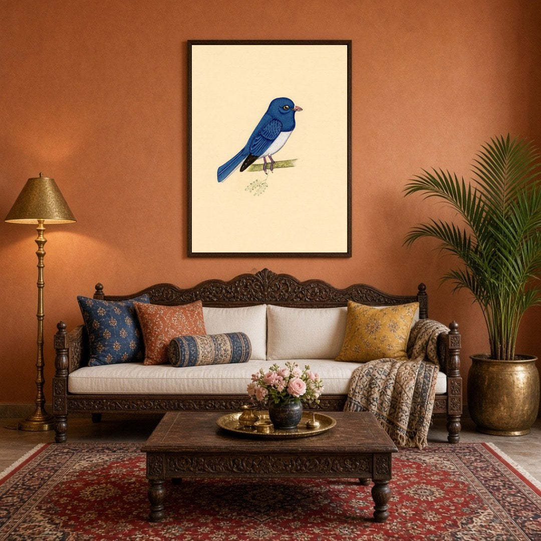 Capture the serene elegance of this Indian miniature art depicting a blue bird perched gracefully for Living Room