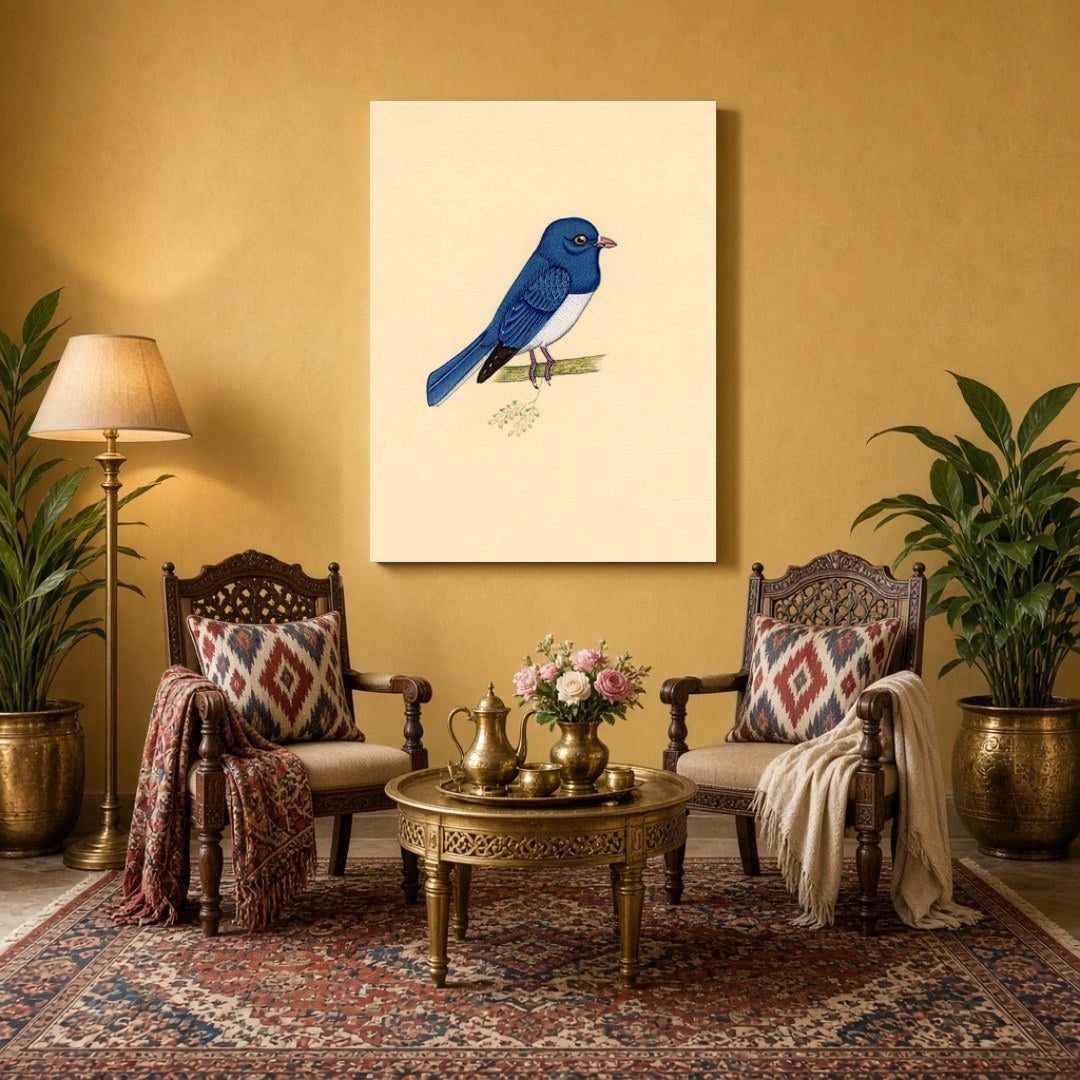 Capture the serene elegance of this Indian miniature art depicting a blue bird perched gracefully for Sitting Area